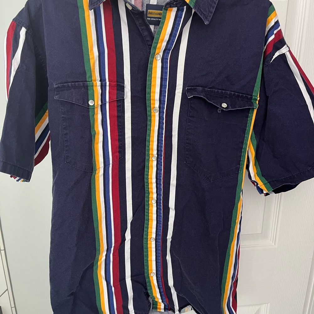 Panhandle Slim Navy Multicolor Vertical Stripe Button-Down Shirt
